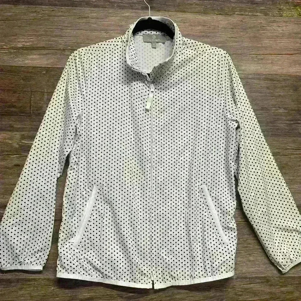 Talbots Women’s Medium Petite Full Zip Black White Polka Dot Lightweight Jacket